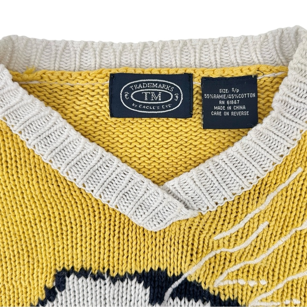 RARE Vintage Blue Yellow Cotton Knit Morton Salt Logo V-Neck Sweater sz S - Picture 6 of 7